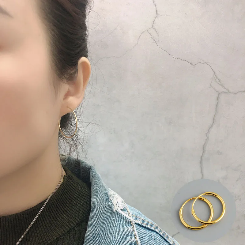 

100% 925 Sterling Silver Gold Round Open Earrings for Women Girl Smooth Fashion Various Size Jewelry Party Gift Dropshipping