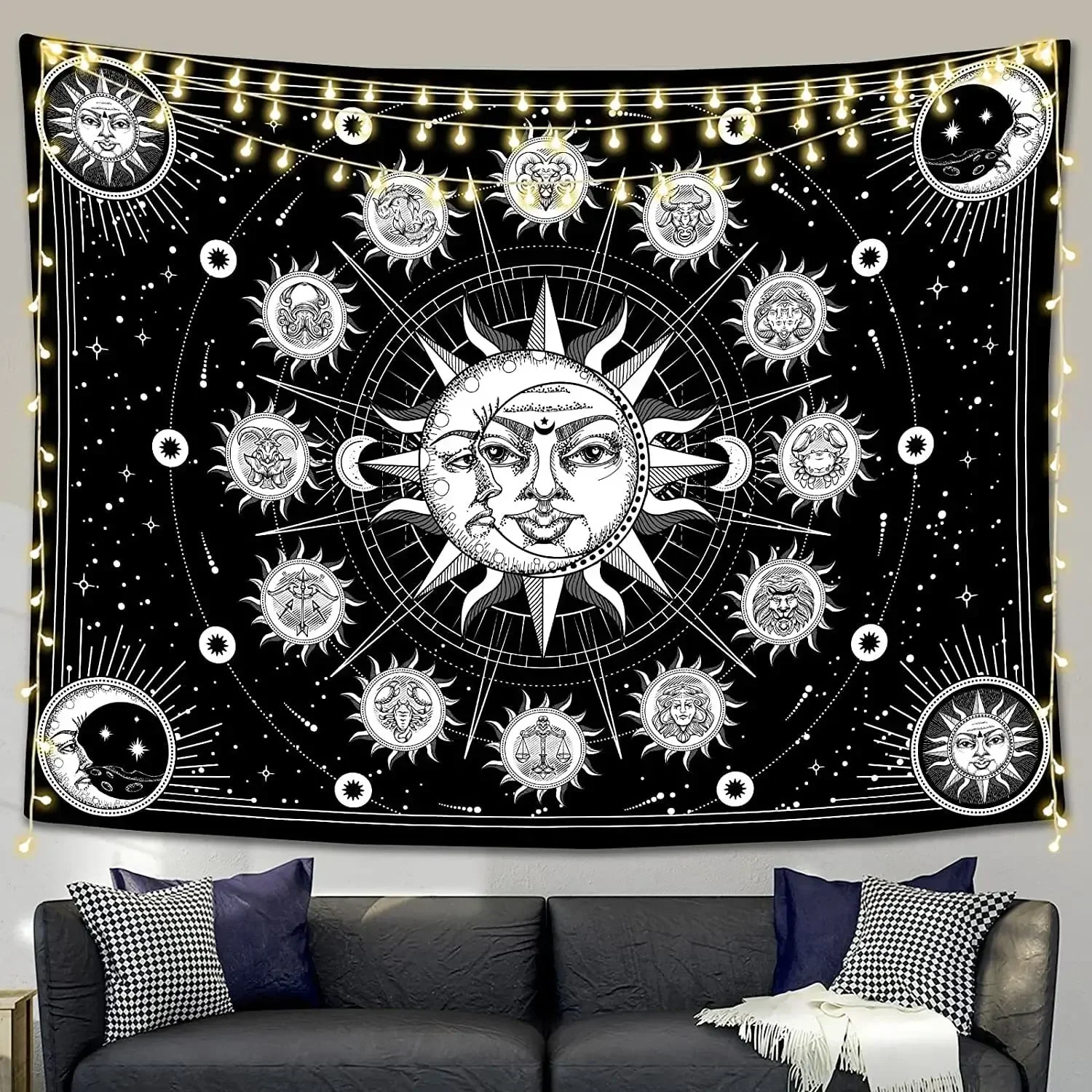 Tarot Sun Moon White and Black Wall Hanging Tapestry Flower Vine Retro Mysterious Hippie Bohemian Witchcraft Home Wall Decor