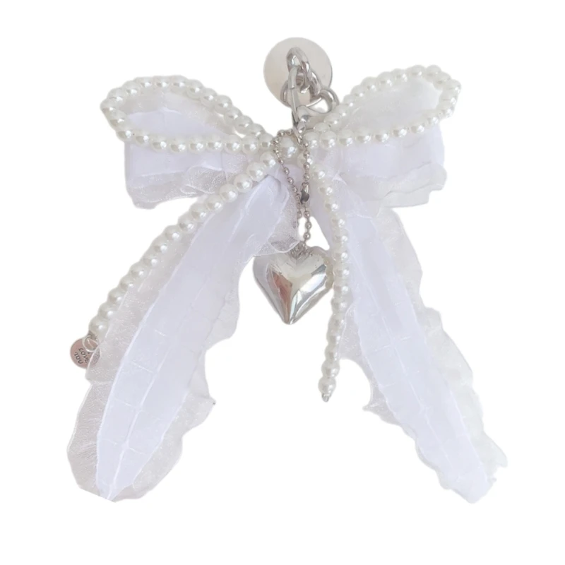 652F Stylish Pearls Love Pendant With Butterfly Bows Portable Keyring Elegant Alloy Keychain Ornament For Girls And Women