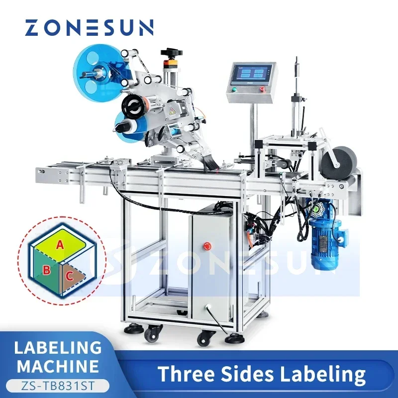 ZONESUN ZS-TB831ST Automatic Three Side Labeling Machine Square Container Bottom Top Side Labeler Cookie Box Label Applicator