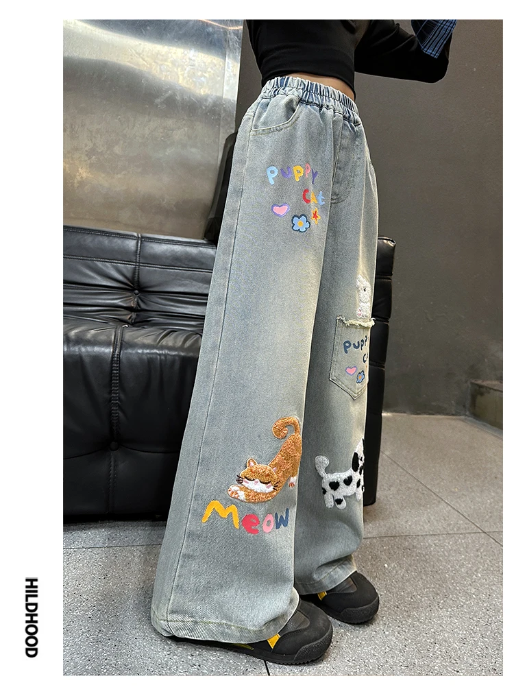 Herbstliche Jeans mit Hundestickerei für Teenager-Mädchen, Junior-Kinder-Denim-Hosen mit weitem Bein, Schul- und Streetwear-Jeans für Kinder im Alter von 5-14 Jahren – Detail 4