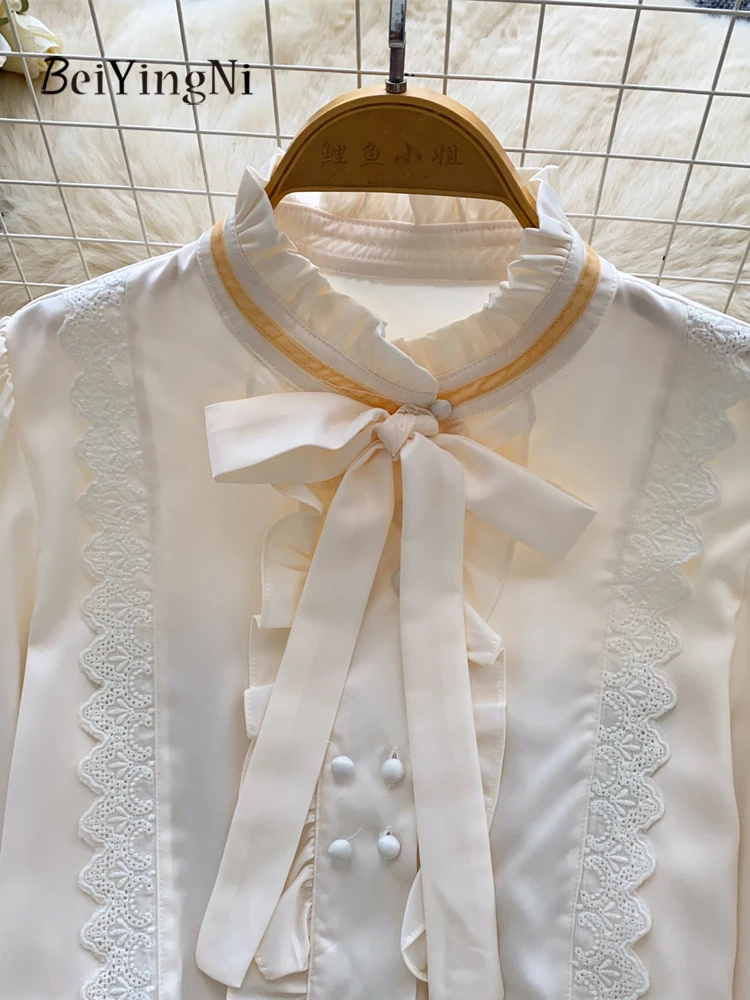 Beiyingni Casual Nieuwe Mode Vrouwelijke Tops Luxe Kpop Boog Kant Patchwork Volledige Mouw Shirts voor Vrouwen Effen Herfst Franse Blusas