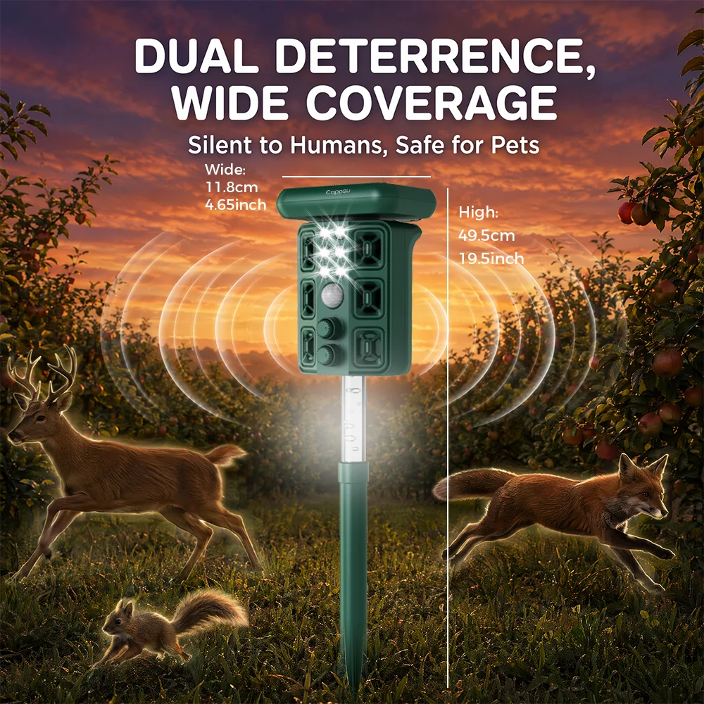 2026 Upgraded Ultrasonic Animal Repeller, 3-in-1 Smart Device with Strobe Light + Ultrasonic + Transparent Illumination Rod, Mot