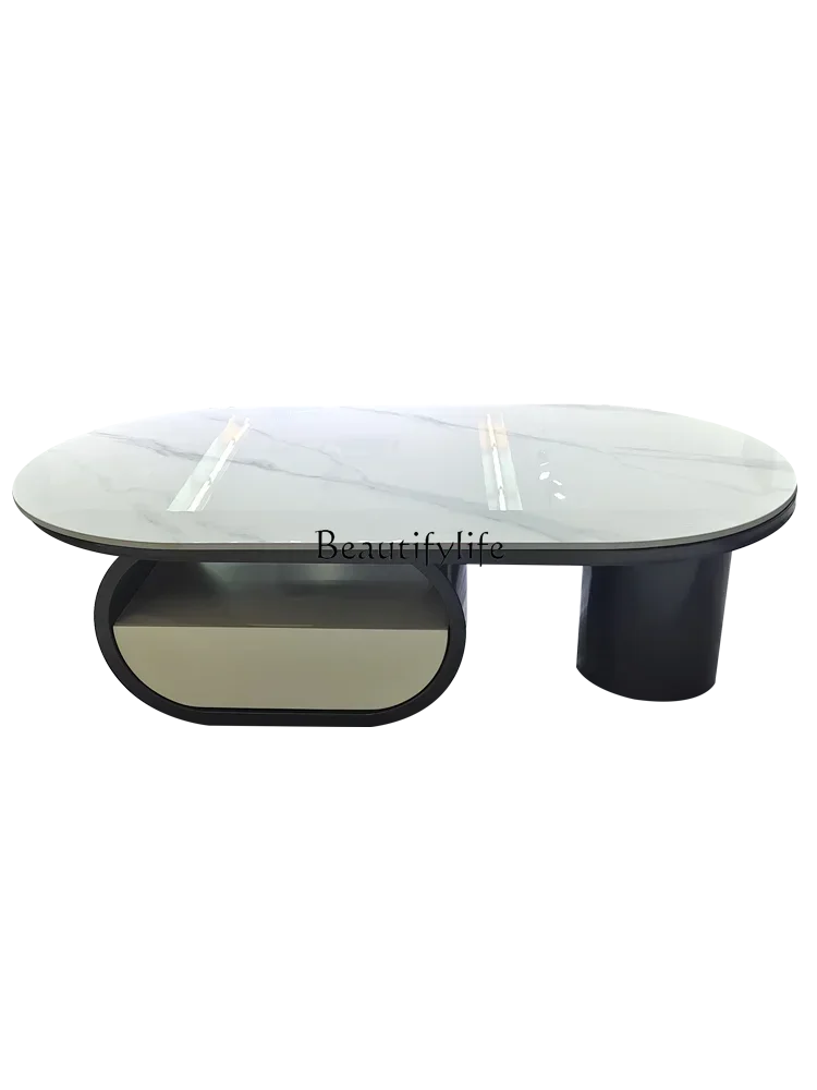 

Modern Light Luxury Oval Stone Plate Tea Table Exquisite with Drawer Storage Creative Tea Table