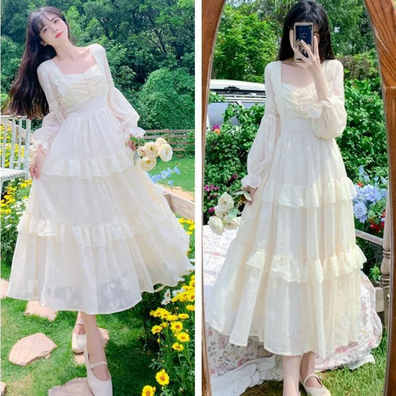 plus Size Women\'s Clothing FatmmAutumn French Style Square Collar Sleeve Princess Slightly Fat Girl Cake Fairy Long Dress