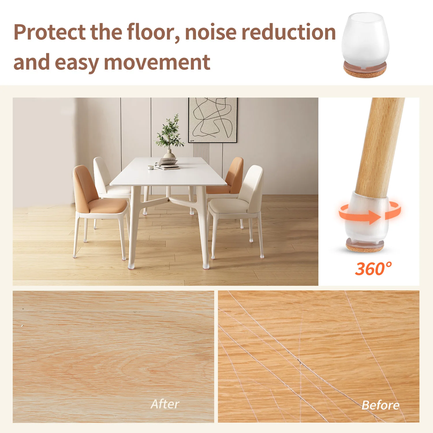 16PCS Transparent Chair Leg Floor Protector Non Slip Silicone Furniture Feet Cover with Wrapped Felt Bottom for Hardwood Floor