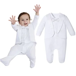 Baby Boy Baptism Outfit Newborn Wedding Footie Tuxedo Infant Christening Easter Church Suit Elegant Gentleman Formal Romper