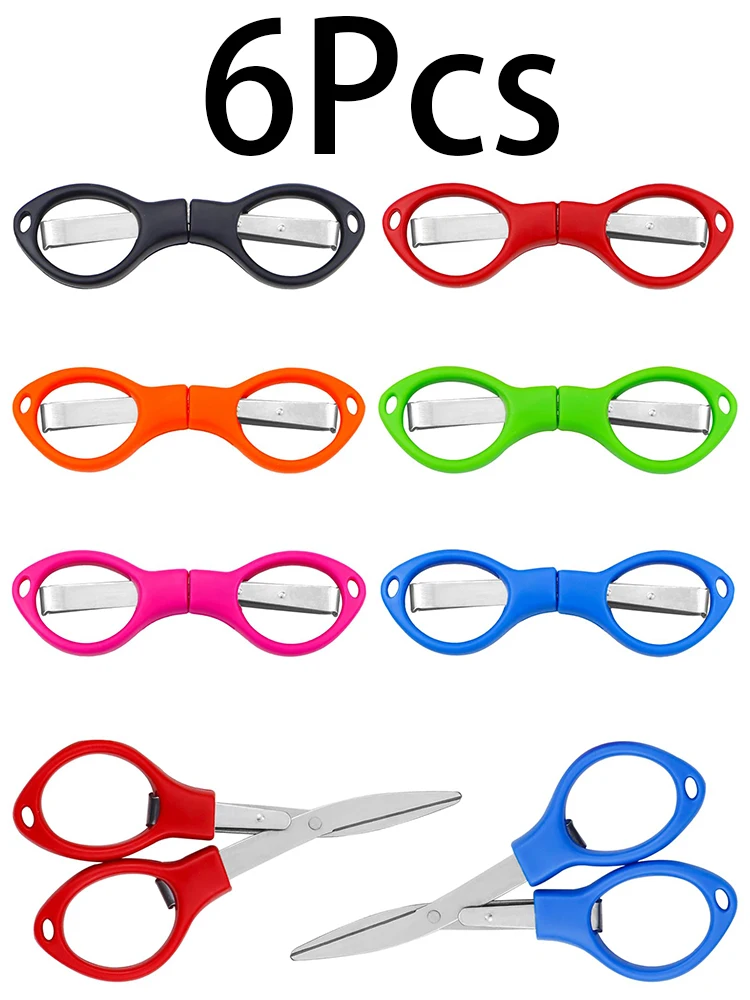 Mini aço inoxidável Folding Scissors com alça de plástico, adequado para pesca e costura, cor aleatória, tesouras alfaiate comum, 6pcs