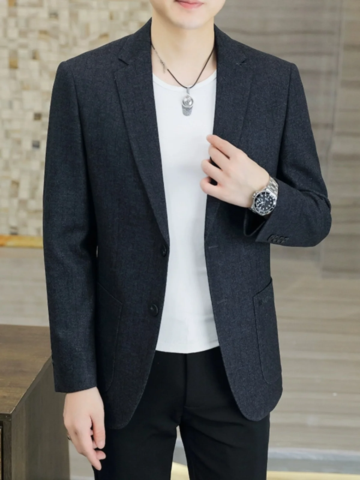 

Мужской шерстяной пиджак в корейском стиле с принтом, приталенный крой, осенне-зимний, повседневный, модный, молодежный, однобортный