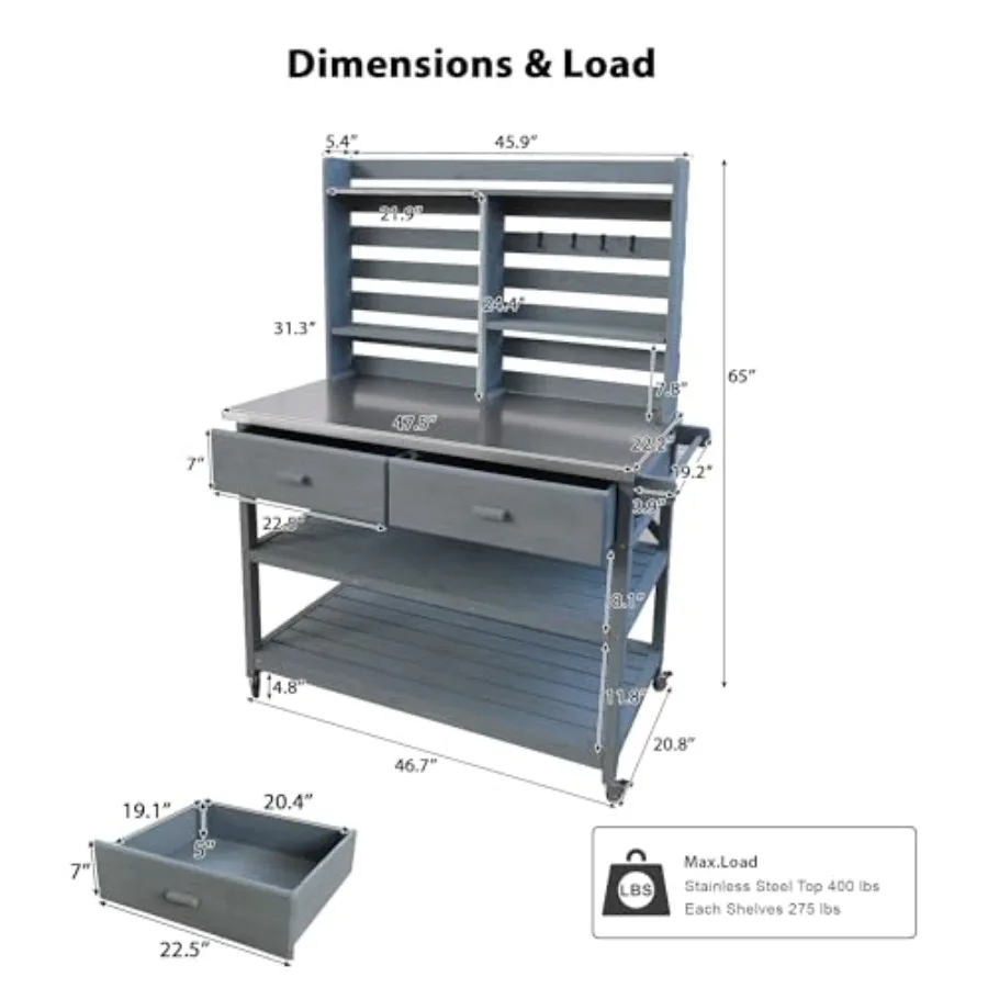 Fir Wood Potting Bench with Hutch, Garden Workstation for Planting, Wood Outdoor Kitchen Island with Drawers, Stainless Steel T