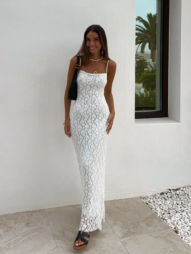 

Sexy Slim Lace White Sling Dress Women Fashion Solid Hollow Out Backless Maxi Robes 2024 Summer Female Club Party Streetwear