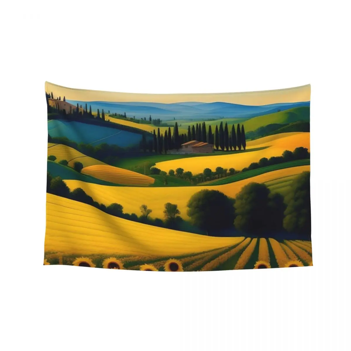 

Golden sun, sunflower rows Italia; Tuscan rolling hills of olive trees, stone pine, sunflower, and wine country Tapestry