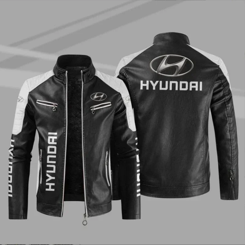 HYUNDAI Logo  Fleece Fur Leather Jacket Men Winter Fashion Zipper Straight Hem Formal Casual Coats Bomber Leather Jacket