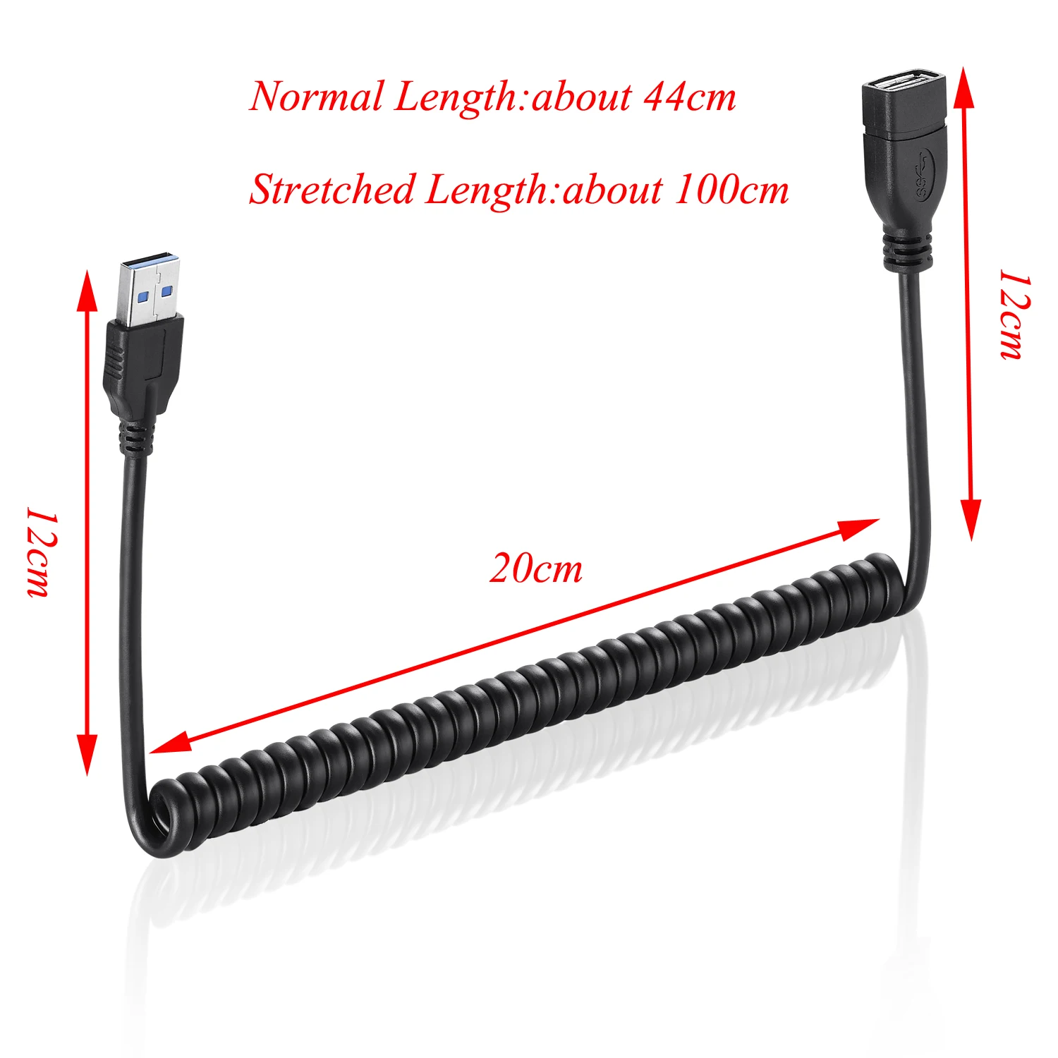 Bochara Elastic Coiled USB 3.0 Extension Cable Male to Female M/F 9+1 Copper Cores Foil+Braided Shielded