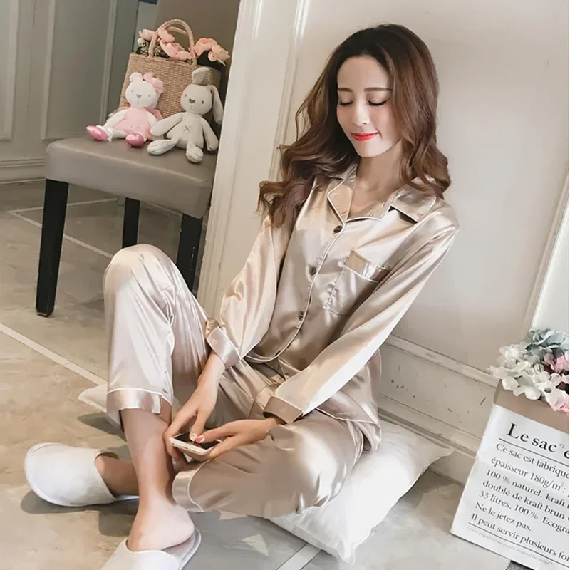 1 set ladies simulation silk sexy long sleeve cardigan pajamas plus size girlfriends homewear set