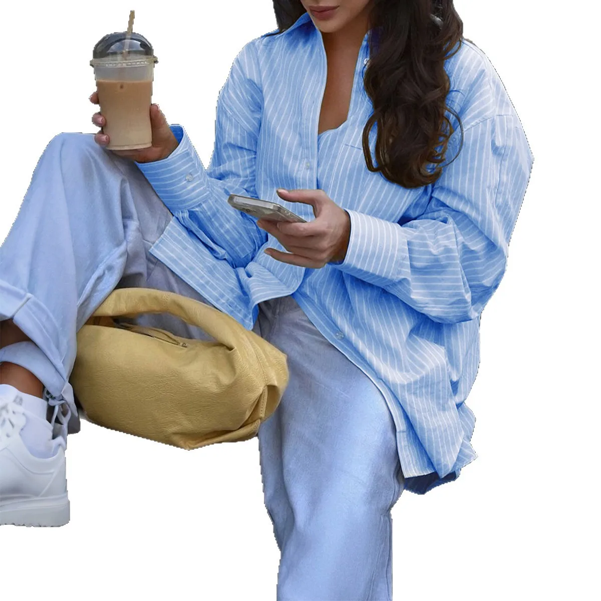 2025年秋 レディース エレガント ストライプ 長袖 カジュアルシャツ 女性用 ラペル シングルブレスト ルーズ スリム ブラウス トップ ストリートウェア