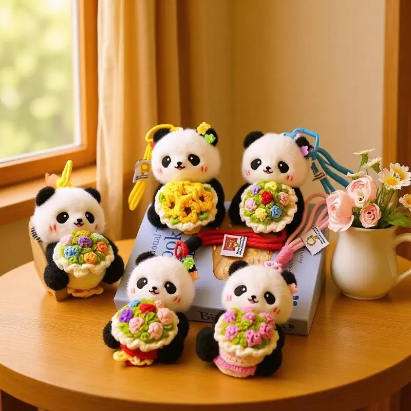 Simpatico fard Panda Materiale in lana che tiene bouquet Corda intrecciata Morbido peluche Portachiavi Itabag Decorazione con cerniera Coppia regalo di Natale