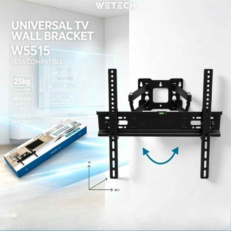 Supporto da Parete a Movimento Completo WETECH W5515, Livella a Bolla Integrata per un'Installazione Accurata, ±15° °   Supporto inclinabile con capac