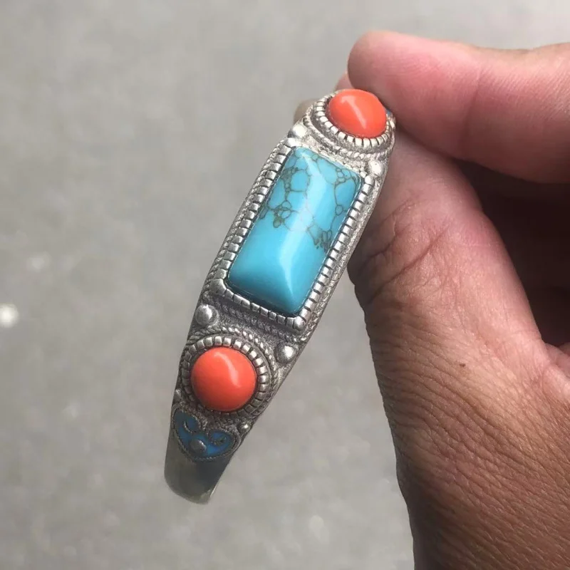 Vintage Plated Inlaid Gemstone Turquoise Bracelet Open Silver Jewelry Fashion Versatile