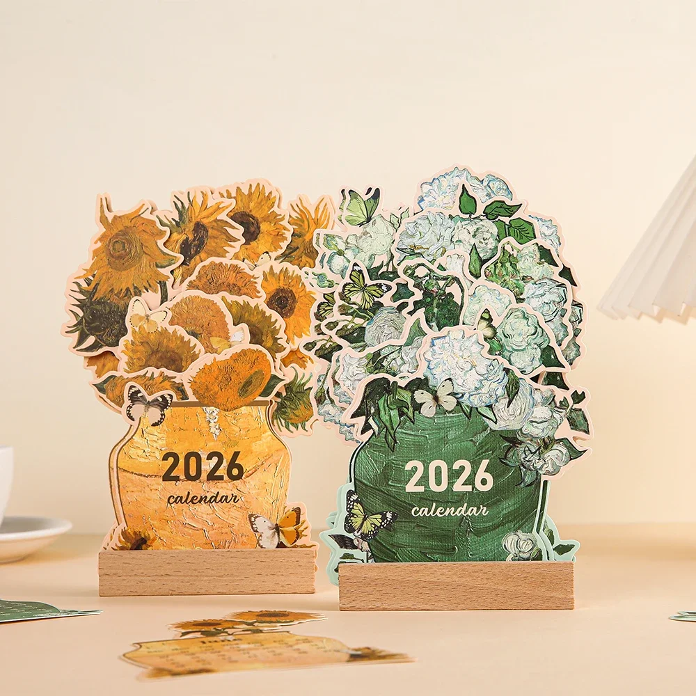 

2026Карточный настольный календарь с винтажной росписью, ежемесячный планировщик с деревянной основой, настольный декор для ежемесячного органайзера расписания 달 יל