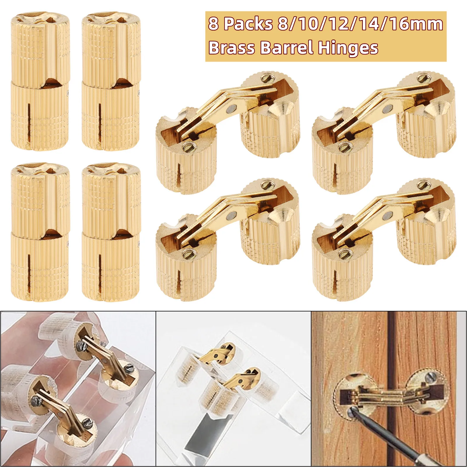 8pcs 8/10/12/14/16mm 180 Degree Opening Angle Hidden Barrel Hinges Brass Concealed Furniture Hinges for Cabinets/Invisible Doors