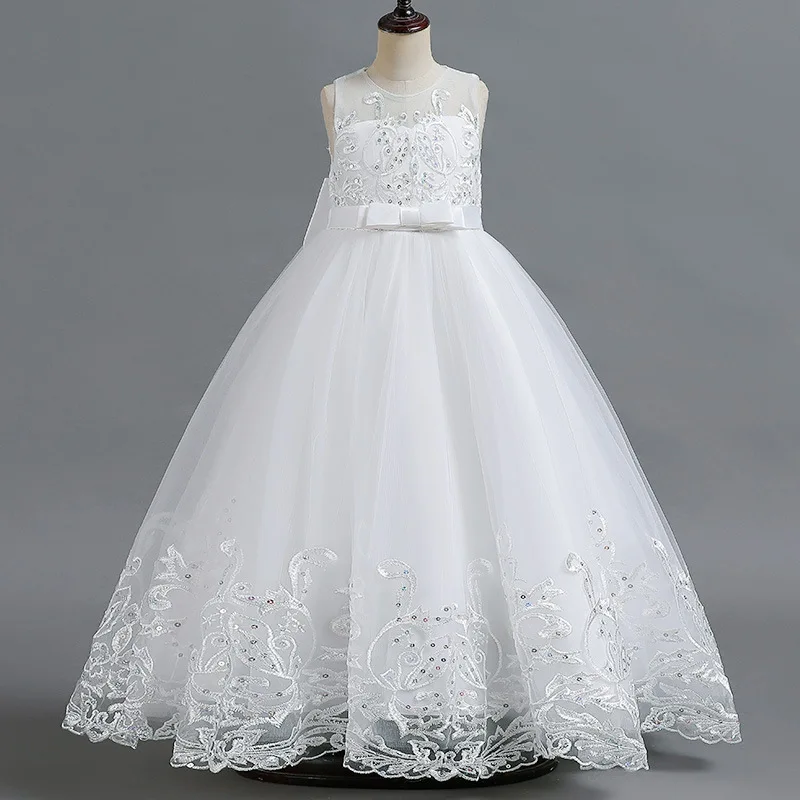 Embroidery Girl Bridesmaid Dresses Children Elegant Wedding Dress for Party Girls' White Clothes Gown