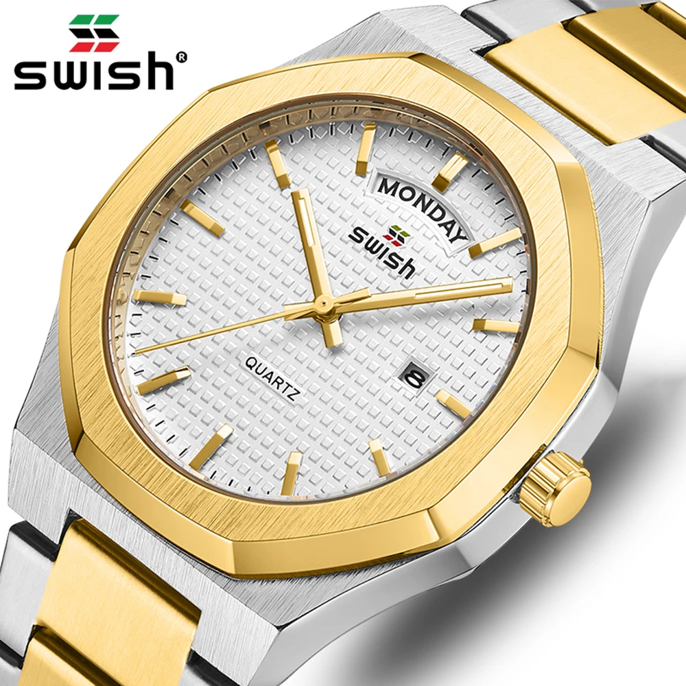 SWISH Luxury Yellow Gold Polygon Watch for Men Quartz Business Relogio Masculino Week Date Display Business Dress Clock 2023