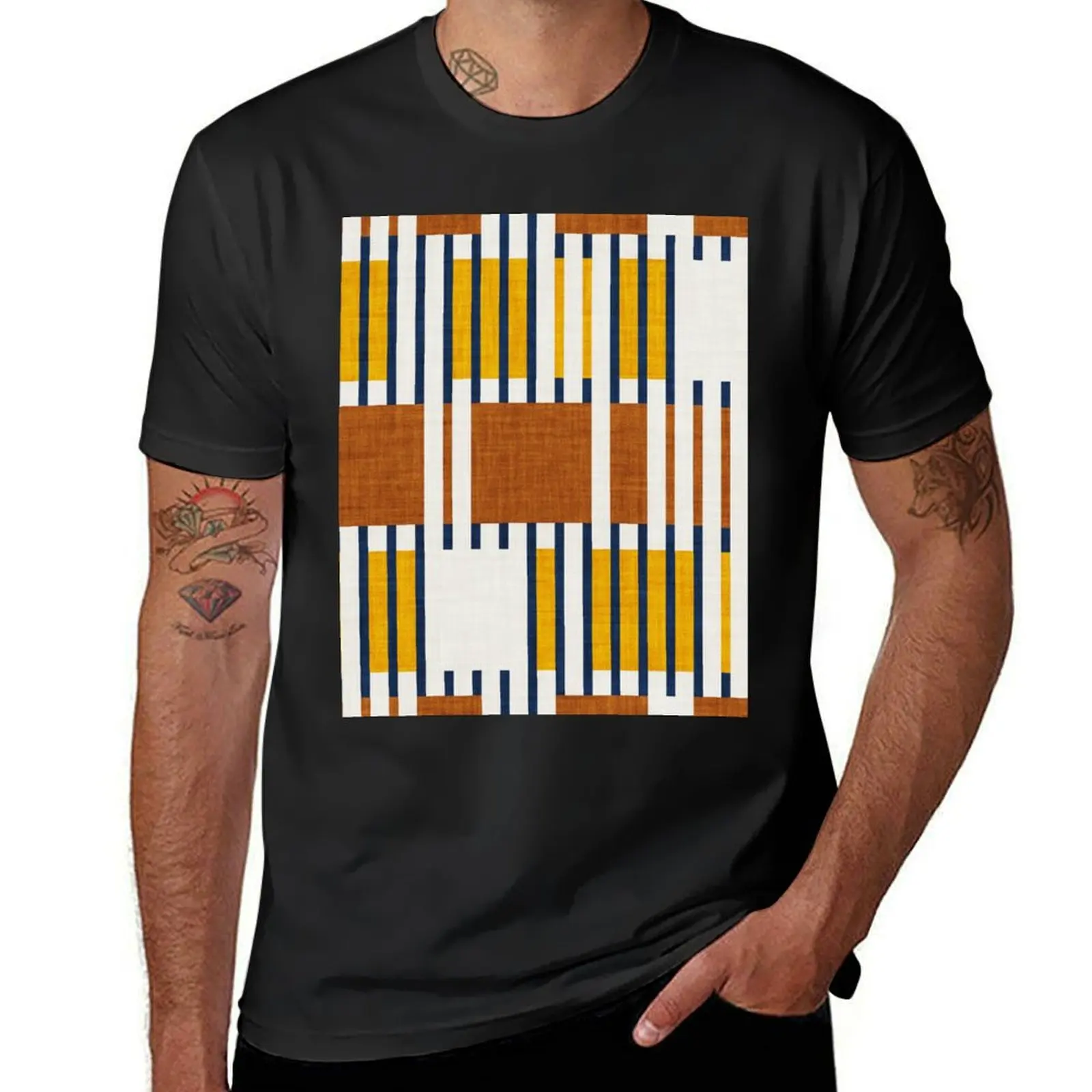 Bold minimalist retro stripes // midnight blue goldenrod yellow and copper brown geometric grid T-Shirt