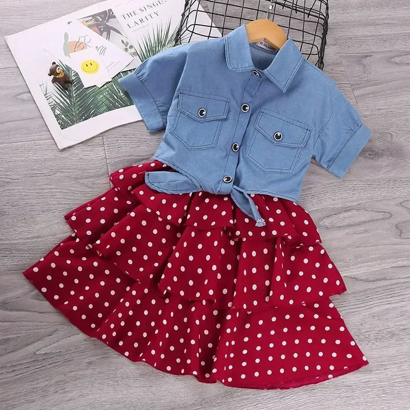 2Pcs Kids Dresses for Girls Elegant Sling Princess Dress Blue Denim Jacket 3-11 Years Girl Flower Dress Summer Children Clothes