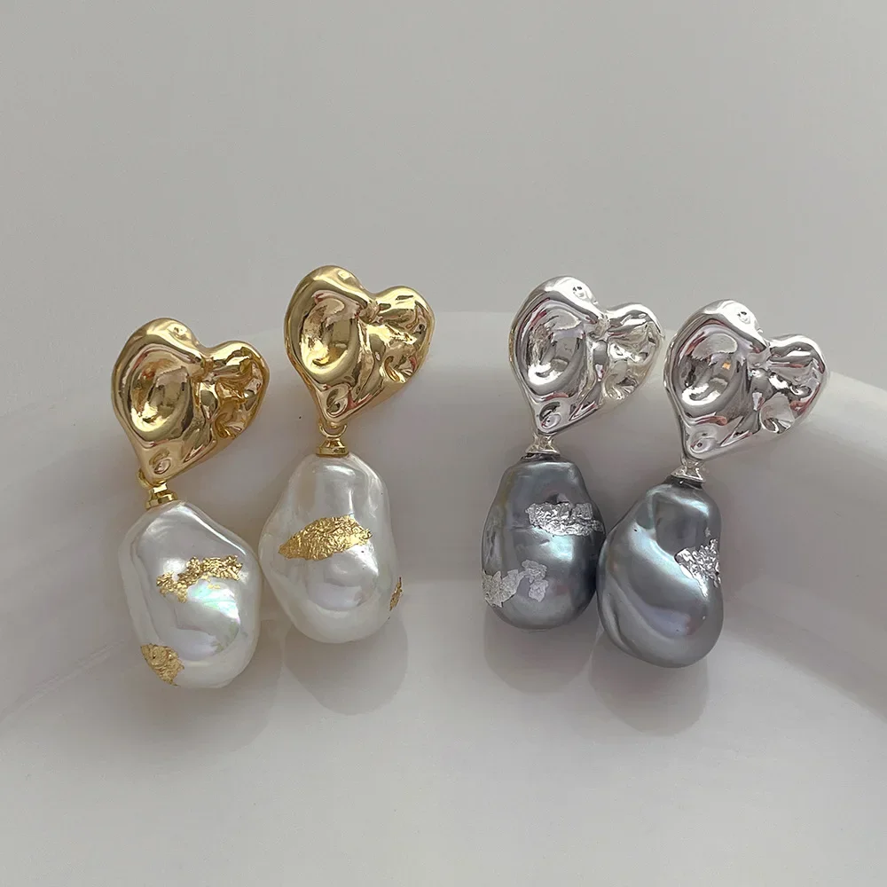 Minar Unusual White Grey Color Irregular Baroque Pearl Drop Earrings Real Gold Silver Plated Brass Heart Earring For Women