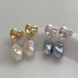 Minar Unusual White Grey Color Irregular Baroque Pearl Drop Earrings Real Gold Silver Plated Brass Heart Earring For Women