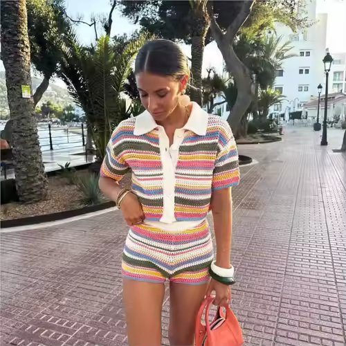Women Patchwork Striped Hollow Out Crochet Knitted Crop Sweater Shorts Set Short Sleeve Polo Collar Sweater Knit Shorts Suit Y2K - Image 2
