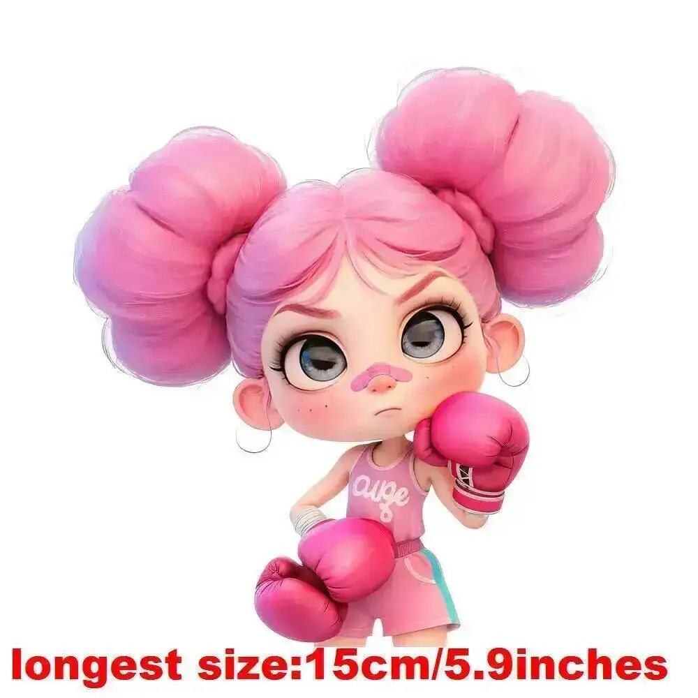 15cm Kids Cartoon Pink Color Girl Boxing Fight Iron On Heat Transfer Stickers DTF Iron On Patches For Children's Clothing Decal