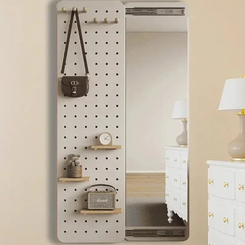 Push-pull log wind art style full-length mirror vertical living room new Chinese walnut wall-mounted hole board full-length