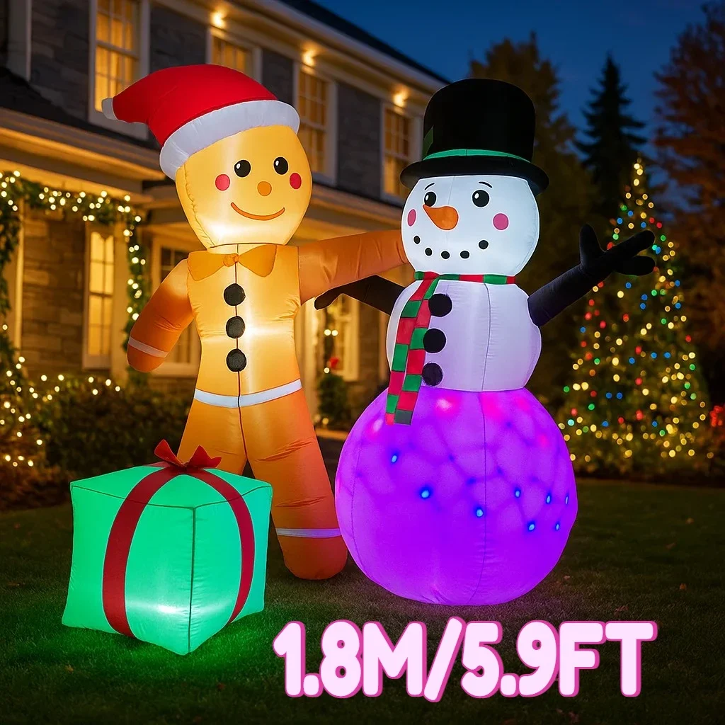 1.8M/5.9FT Inflatable Gingerbread Man Snowman Gift Box Lights LED Home Holiday Lighting Decor Yard Xmas Holiday Decor Supplies
