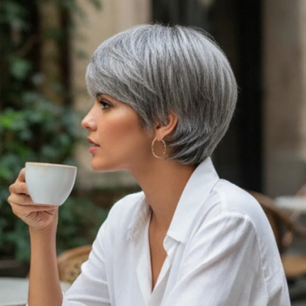 باروكة شعر بشري قصيرة باللون الرمادي الفضي للنساء ذوات البشرة السمراء، باروكات شعر بشري ريمي مع غرة مصنوعة آليًا، باروكات شعر مستقيمة #1