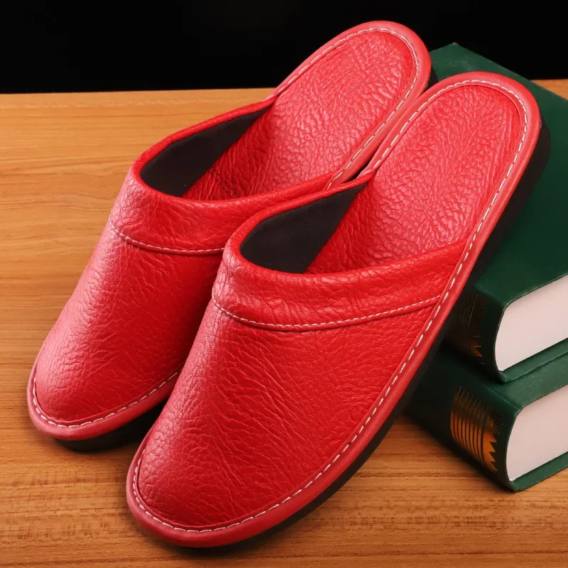 Indoor Men Slippers Pu Leather Home Slippers High Quality Male Slippers Waterproof Gingham Leather Slipper Chinelos Masculinos