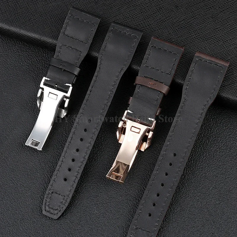 جلد طبيعي حزام ساعة اليد ل IWC الطيار سلسلة 20 مللي متر 21 مللي متر 22 مللي متر جلد البقر سوار للطي المشبك مقاوم للماء الرجال النساء حزام (استيك) ساعة