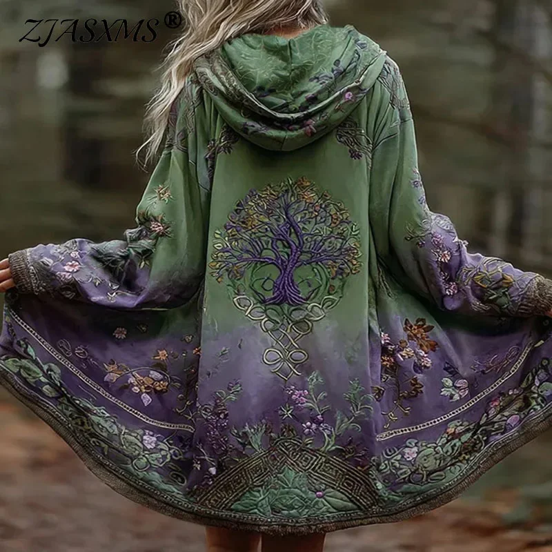 

Halloween Costume Woman Pattern Print Retro Trench Coat New Fashion Loose Long Hooded Cardigan Autumn Long Sleeve Hoodies Jacket