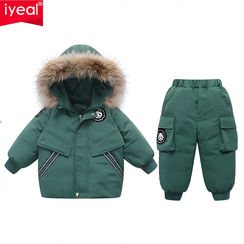 

IYEAL Baby Boy Girl Winter Down Jacket Suit Real Fur Warm Kids Coat Children Ski Snowsuit Clothes Waterproof Clothing Set