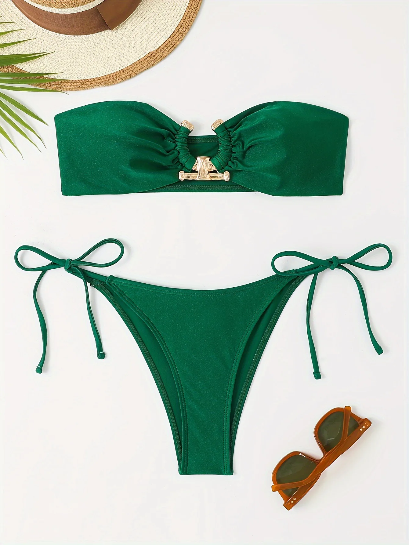 Women's Glossy Bandeau Bikini Set Sexy High Shine Swimsuit High Waist Panties Removable Padding Summer Two Piece Bathing Suit