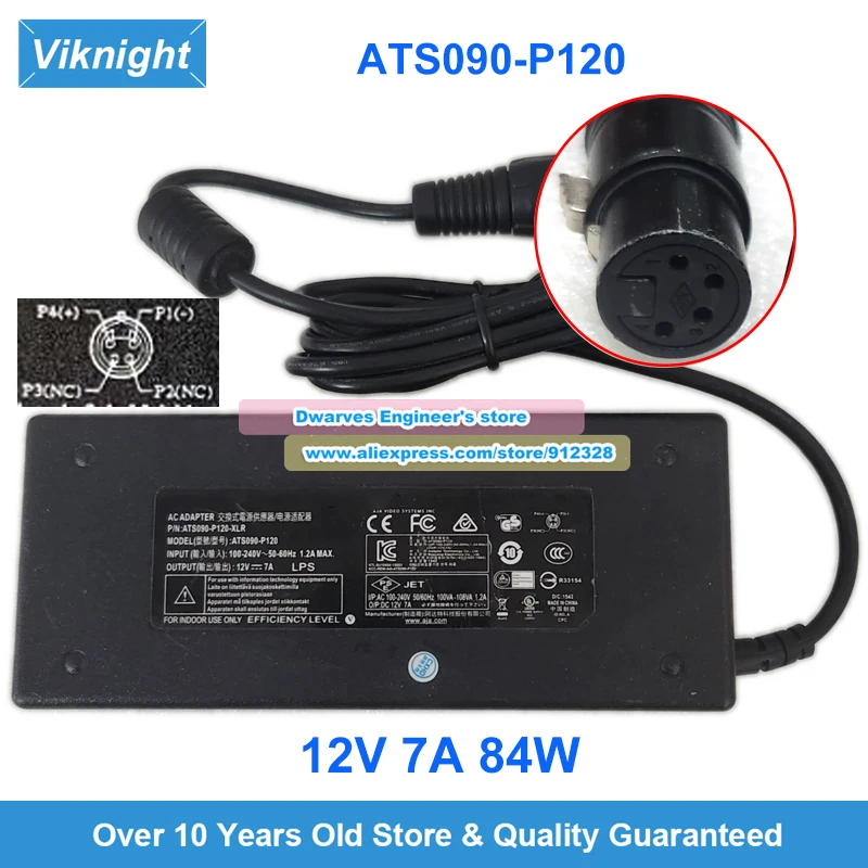 

ATS090-P120 AC Adapter 12V 7A 84W for AJA ADAPTER TECH ATS090-P120-XLR Power Supply