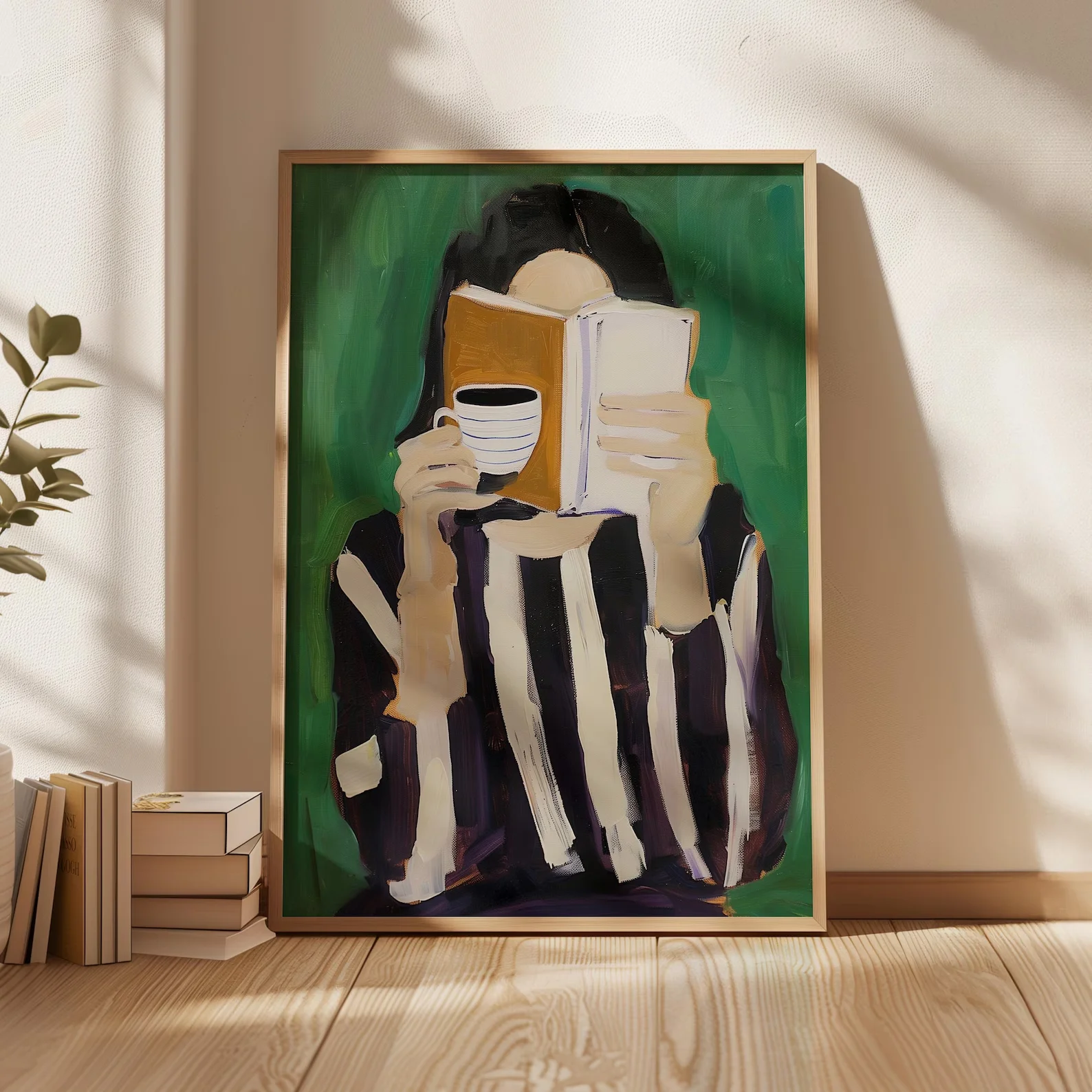 Arte moderna feminina de leitura verde esmeralda, livro e ilustração verde café design listrado minimalista, retrato de mulher abstrata, escavação