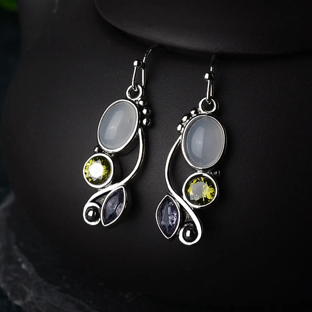 WOSIKATE Vintage 925 Sterling Silver Moonstone Earrings For Women Colorful Zirconia Gemstone Drop Earrings Fashion Jewelry