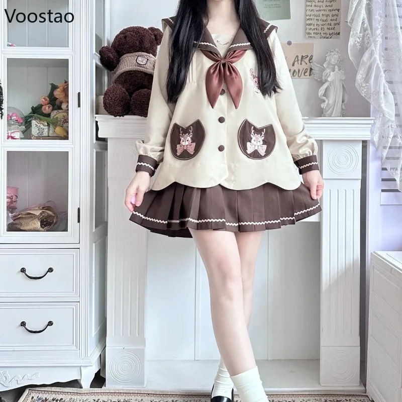 Japanese Sweet School JK Uniform Sets Women Cute Bow Sailor Collar Cartoon Deer Coat Mini Pleated Skirt Y2k Girls Lolita Outfits