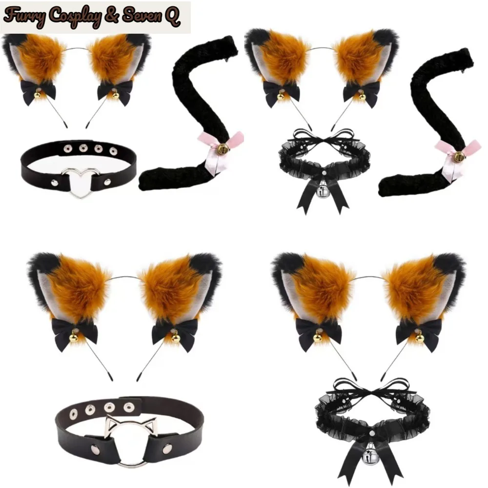 3Pcs Sets Moving Fox Ear Swinging Headband Cute Cartoon Bell Headwear Halloween Cosplay Accessories with Headband Tail Necklace