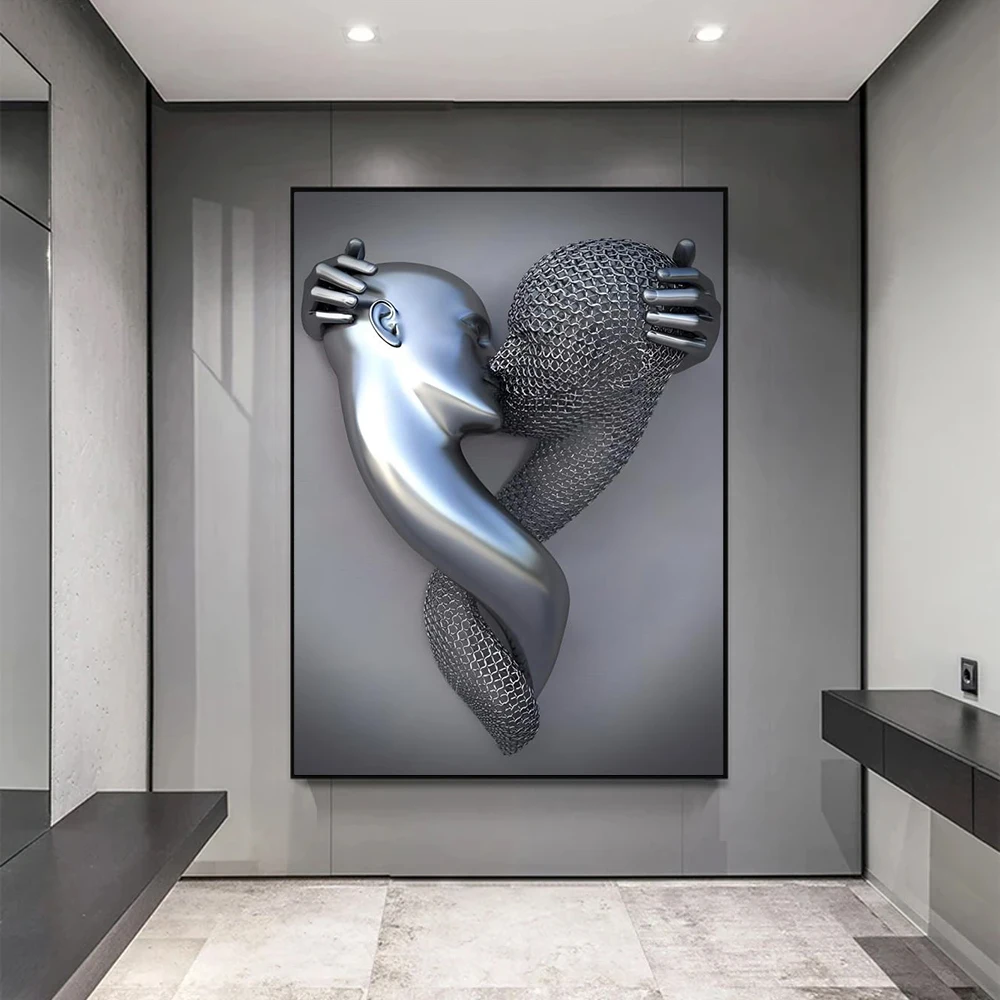 Nowoczesna metalowa figurka posąg obraz ścienny na płótnie plakat abstrakcyjna romantyczna para wystrój pokoju obraz Mural wydrukowana grafika
