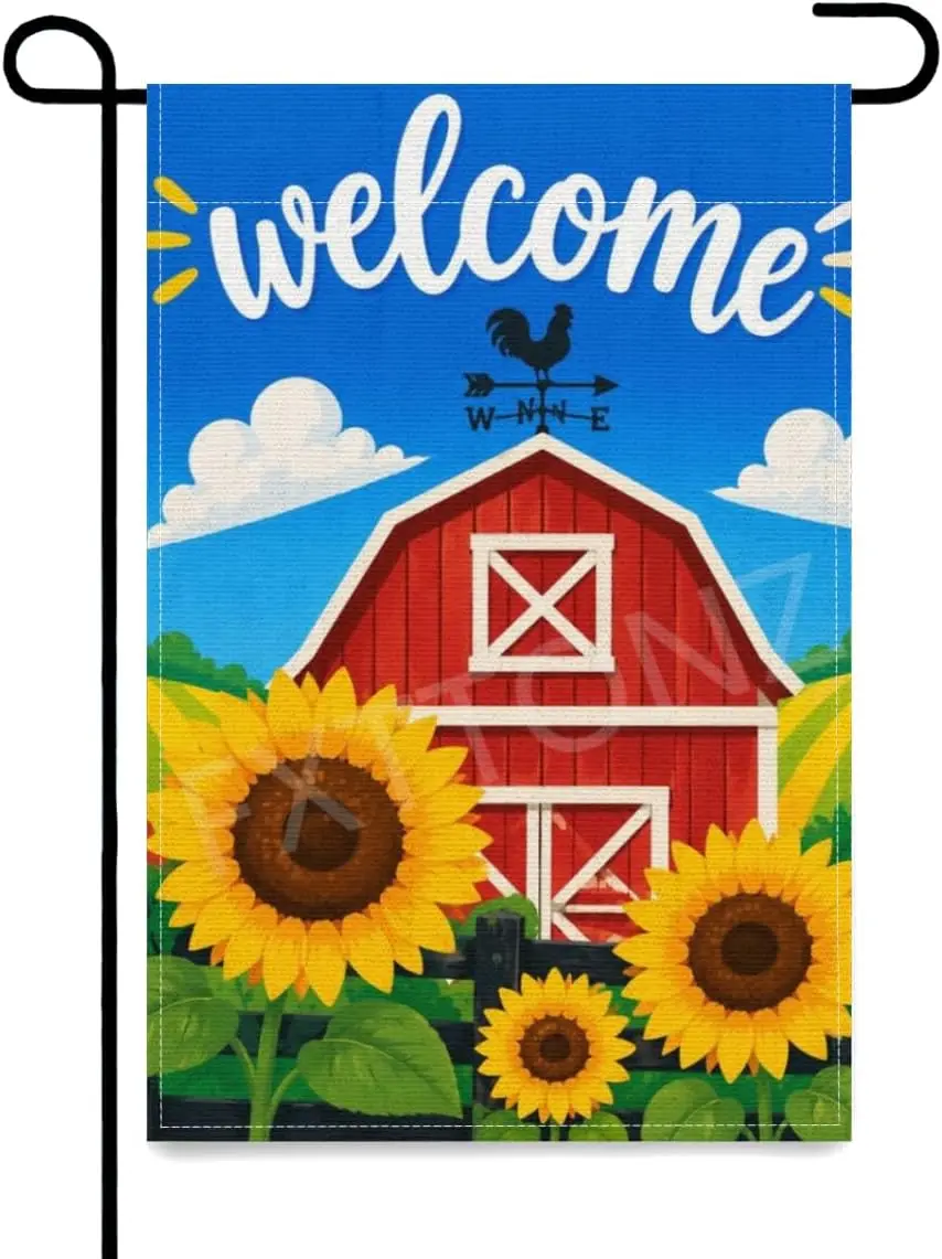 Welcome Garden Flag 12x18 Inch Double Sided Linen Yard Flag, Red Barn with Sunflowers and Rooster Weather Vane Welcome Sign, yyi