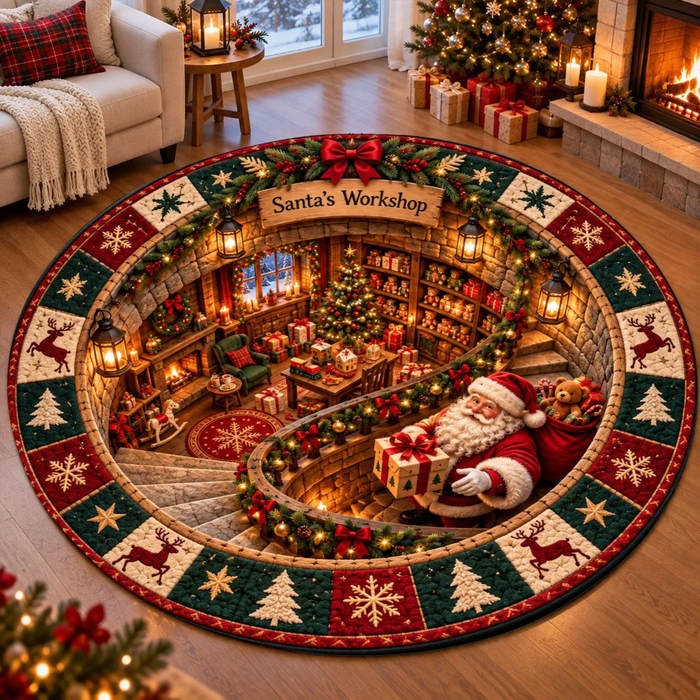 Beautiful Living Room Santa Workshop Floor Mat Brick Well Area Rug Warm Bedroom Entryway Festive Large Round Rug