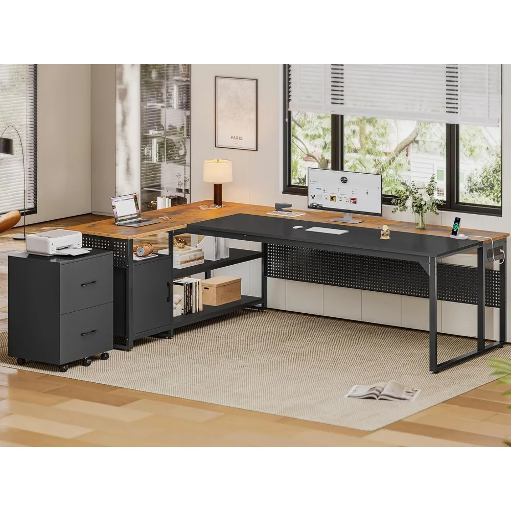مكتب تنفيذي مقاس 71 بوصة، مكتب على شكل حرف L قابل للعكس مع خزانة ملفات متنقلة ومنافذ طاقة، مكتب كبير مع أدراج، تخزين S